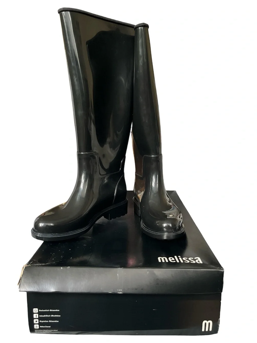 New Melissa Women Glossy Black Knee-High Rain Boots Thermal Rubber size 8